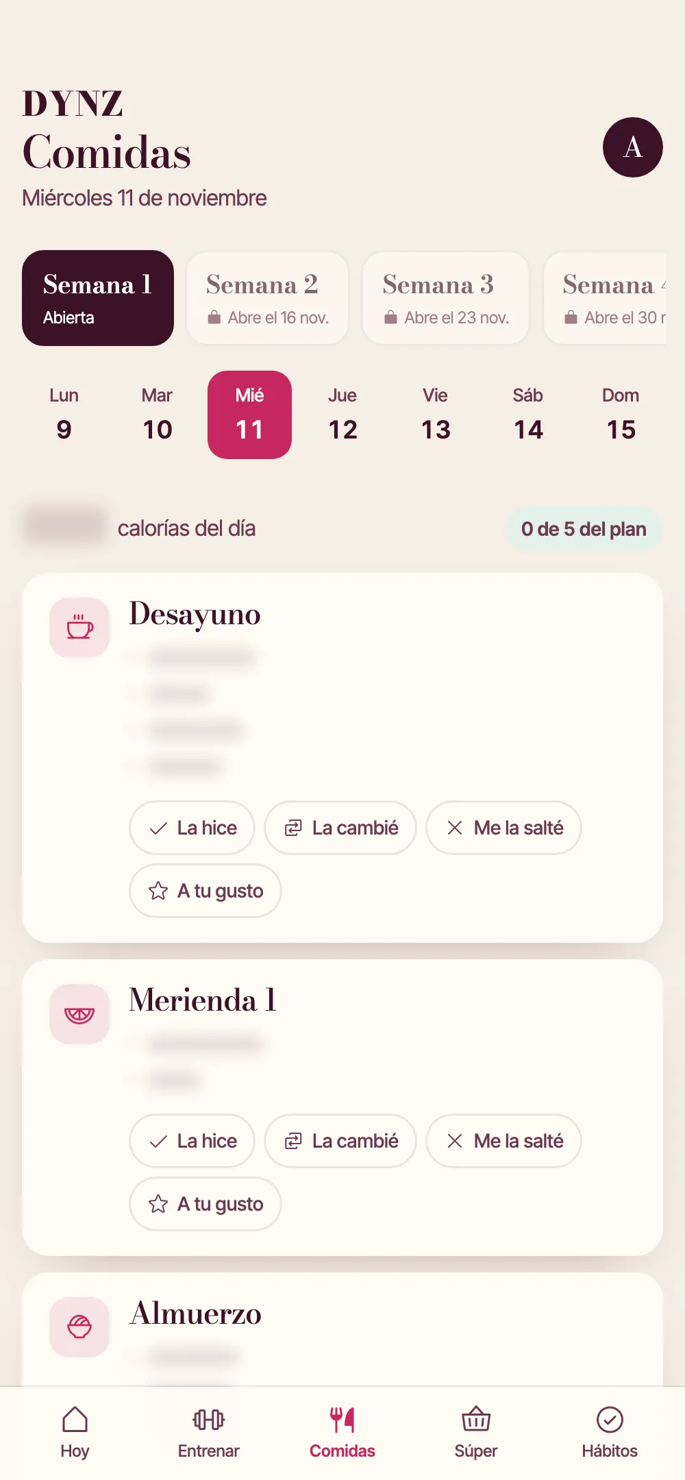 Pantalla del plan de comidas del portal, con los detalles ocultos