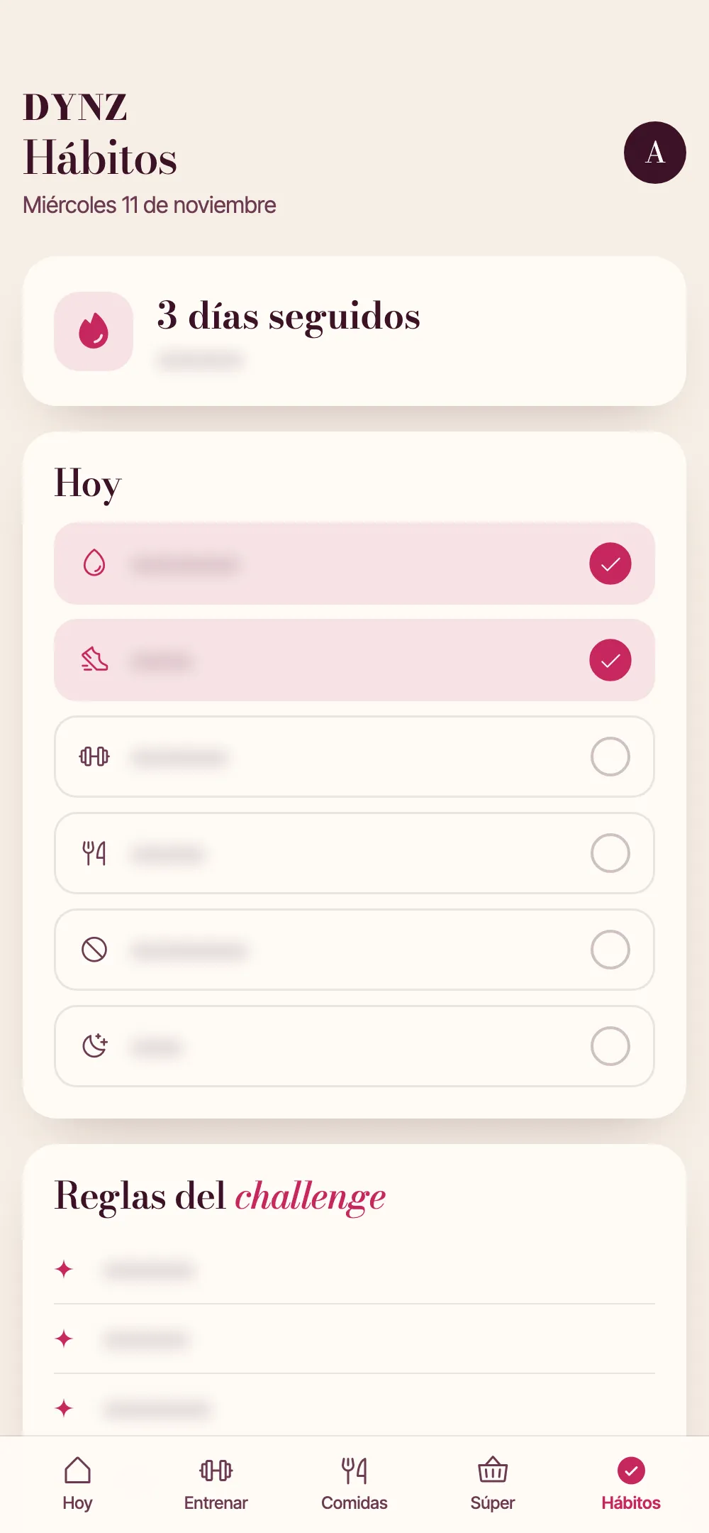 Pantalla de hábitos del portal, con los detalles ocultos