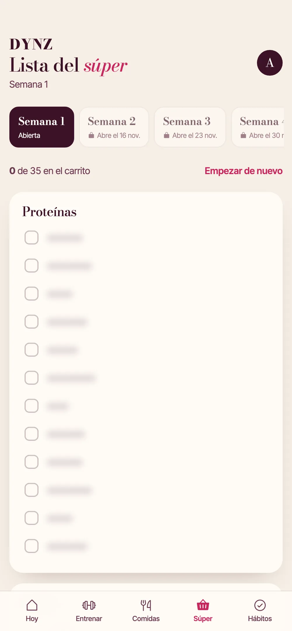 Pantalla de la lista del súper del portal, con los detalles ocultos
